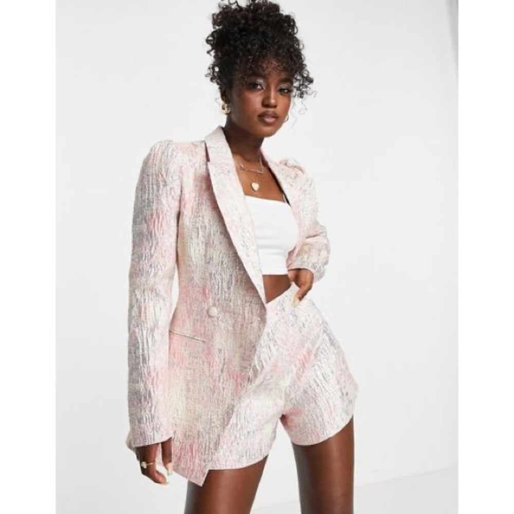 NWOT ASOS Design Pink Silver Metallic Suit Jacquard BLAZER & SHORTS SET Size  4